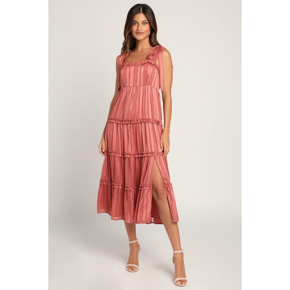 Lulus Rose Pink Metallic Striped Tiered Tie-Strap Midi Maxi Dress Size Medium ZQ - Picture 1 of 11
